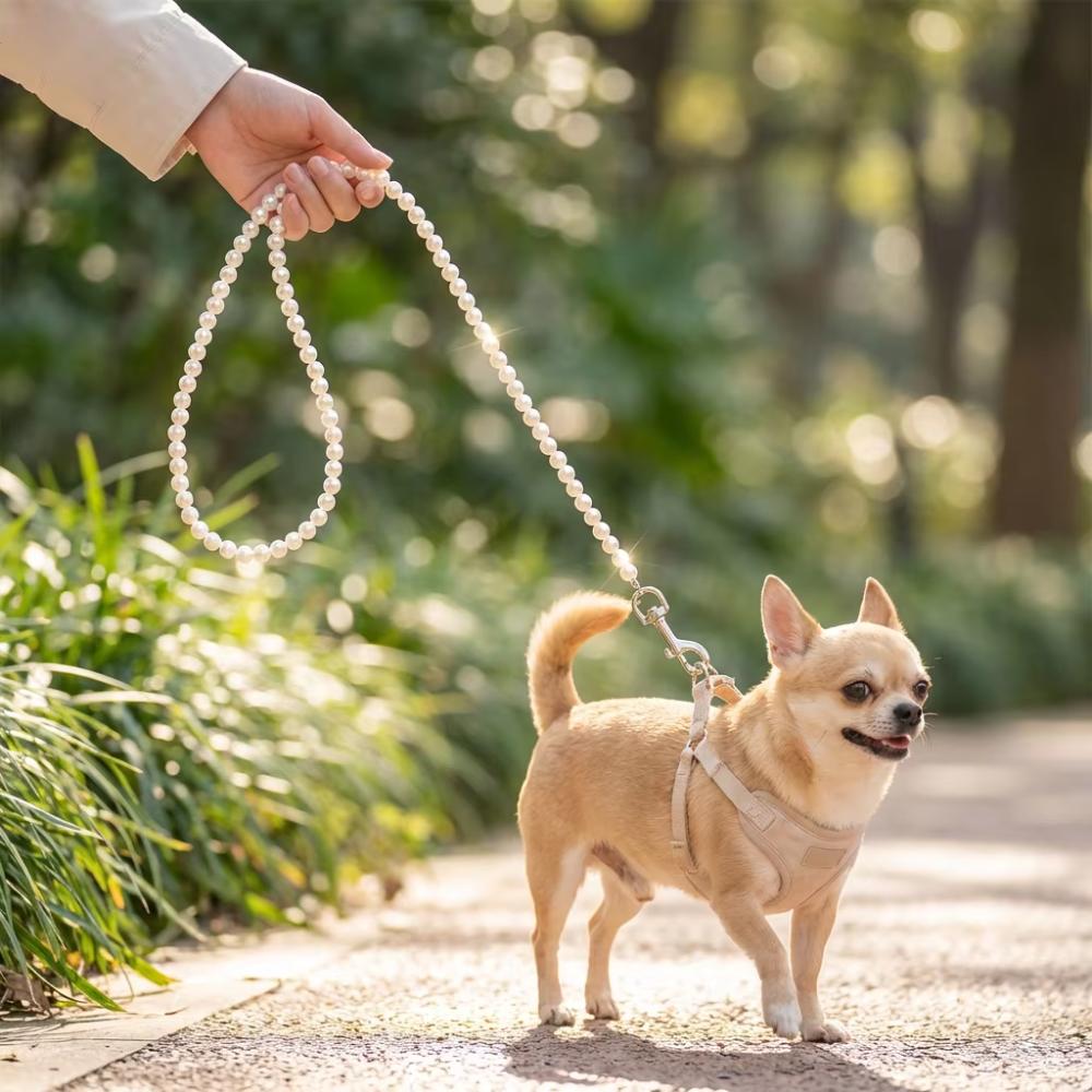 120cm/4ft Dog Cat Pearl Leash Silver Snap Hook Dog Leash Beaded Pet Dog Leash  Small Medium Dogs