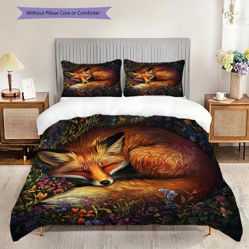 Fuchs-Muster Bettwäsche Steppdecke Set Bettbezug Kissenbezug Heimdekoration Geburtstagsgeschenk (1 Bettbezug + 2 Kissenbezüge, ohne Füllung)