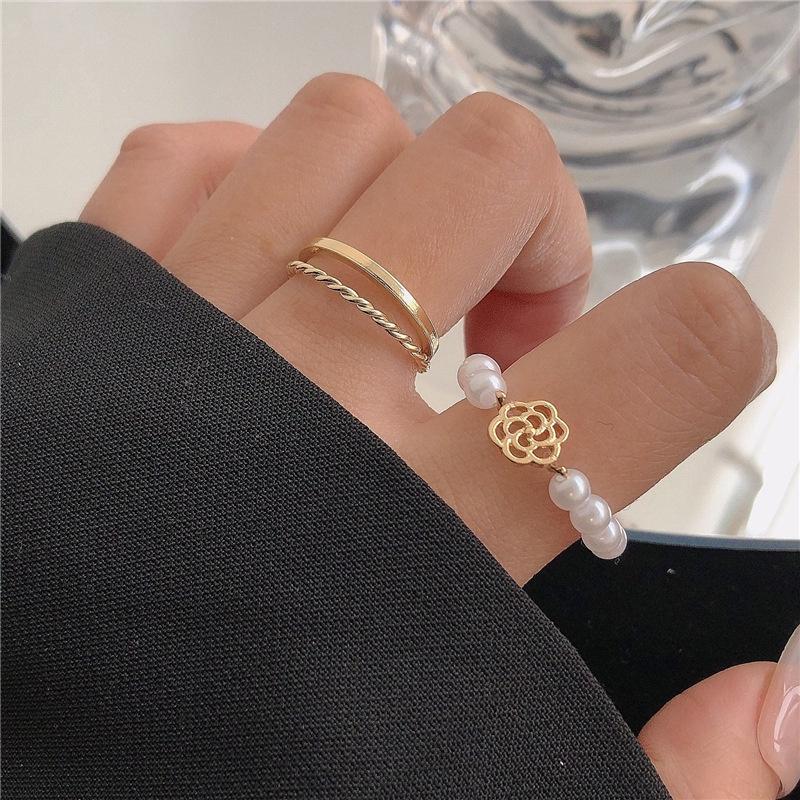 IF ME Korean Butterfly Pearl Ring Set Fashion Flower Chain Couple Rings Jewelry Accessories