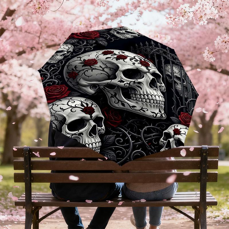 1PC Skulls Roses Umbrella-8-Rib Reinforced Portable Folding Travel Suitable for All Seasons Outdoor Daily Use Is an Ideal Choice -K0384