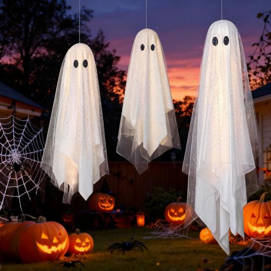 3 ks/Sada Halloweenske Dekorácie Visacií Duch Dekor so Svetlom Diaľkové Ovládanie Vnútorné/Vonkajšie Halloweenske Ozdoby na Záhradu Strom Záhrada
