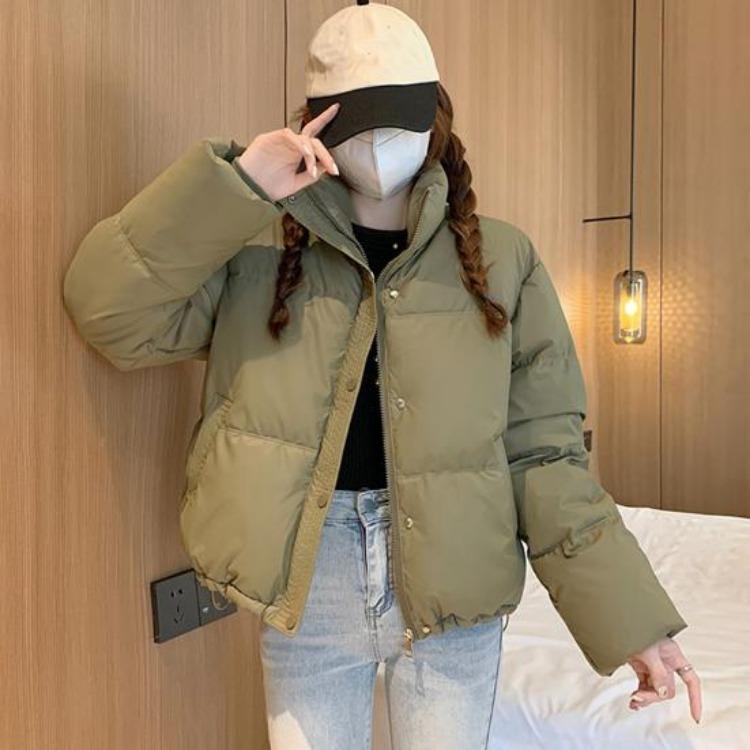 Winter Warm Women Cotton Coat Stand Collar Thickened Lightweight Long Sleeve Solid Color Outwear with Pockets