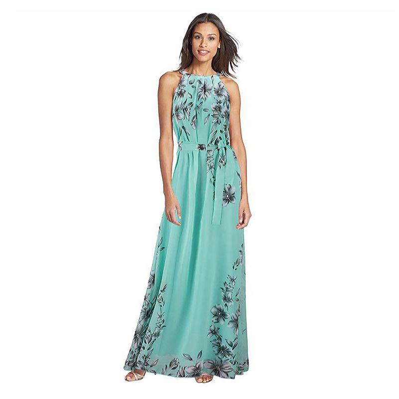 Elegant Plus Size Womens Floral Sleeveless Belted Maxi Long Dress For Summer Parties
