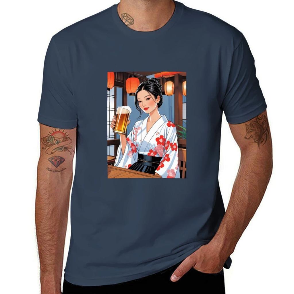 Modern Japanese Girl with Beer T-Shirt Man T Shirt Graphic T Shirts for Man Pack Cotton Anime T Shirts Oversize T-Shirt