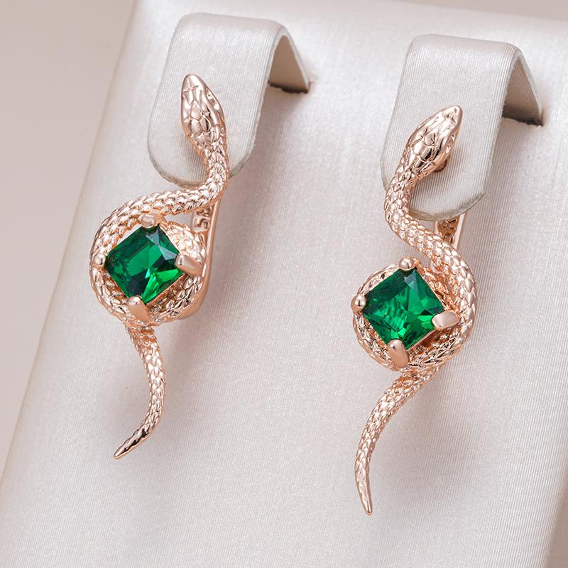 Green Natural Zircon Snake Drop Earrings For Women Fashion Rose Gold Color Vintage Daily Punk Animal Jewelry