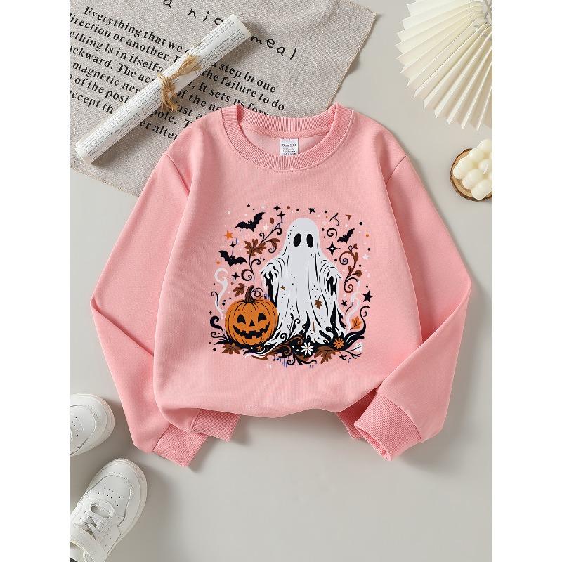 Girls' Halloween Long-sleeve Sweatshirt, Round-neck Fun Print Casual Top, Kids' Autumn Clothing, Suitable for Trick-or-treat Parties and Halloween