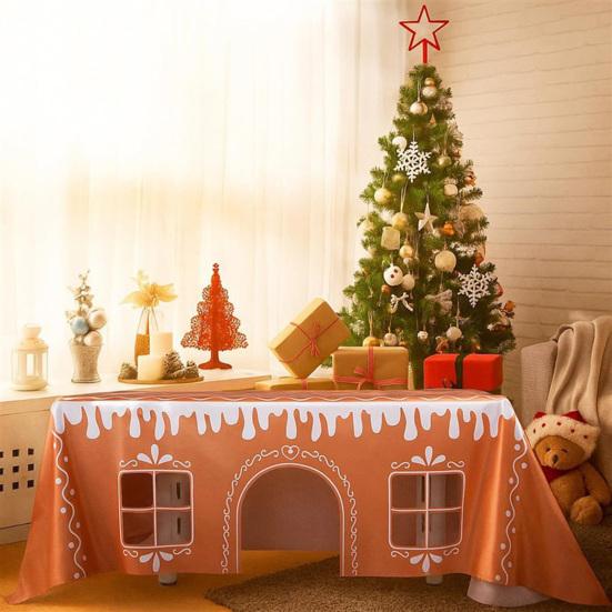 Yousheng Gingerbread House Christmas Tablecloth Reusable Rectangle Table Cover with Playful Cut-Out Windows Holiday Playhouse Table Tent for Kitchen