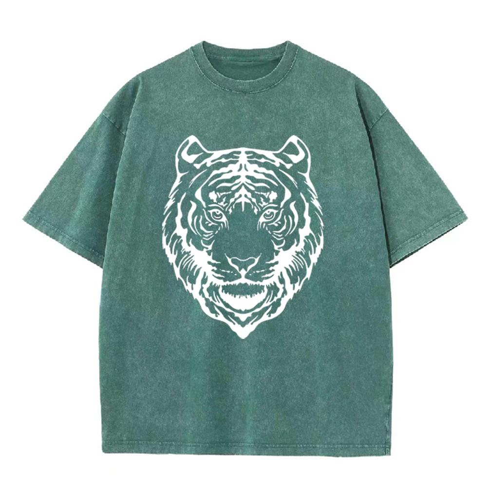 2026 Vintage Black White Tiger Head Line Art Graphic Black Acid Washed T Shirt Retro Wild Animal Oversized Unisex Casual Short S