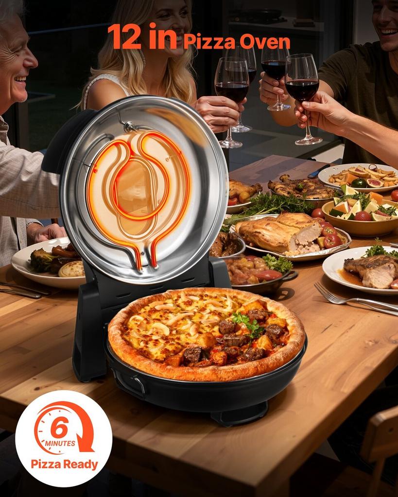 Pizza Oven, 304.8 mm Electric Pizza Maker, 1200W Electric Pizzas Cooker with Cordierite Stone, 5-Mode Temperature Control, Viewing Window for Precise
