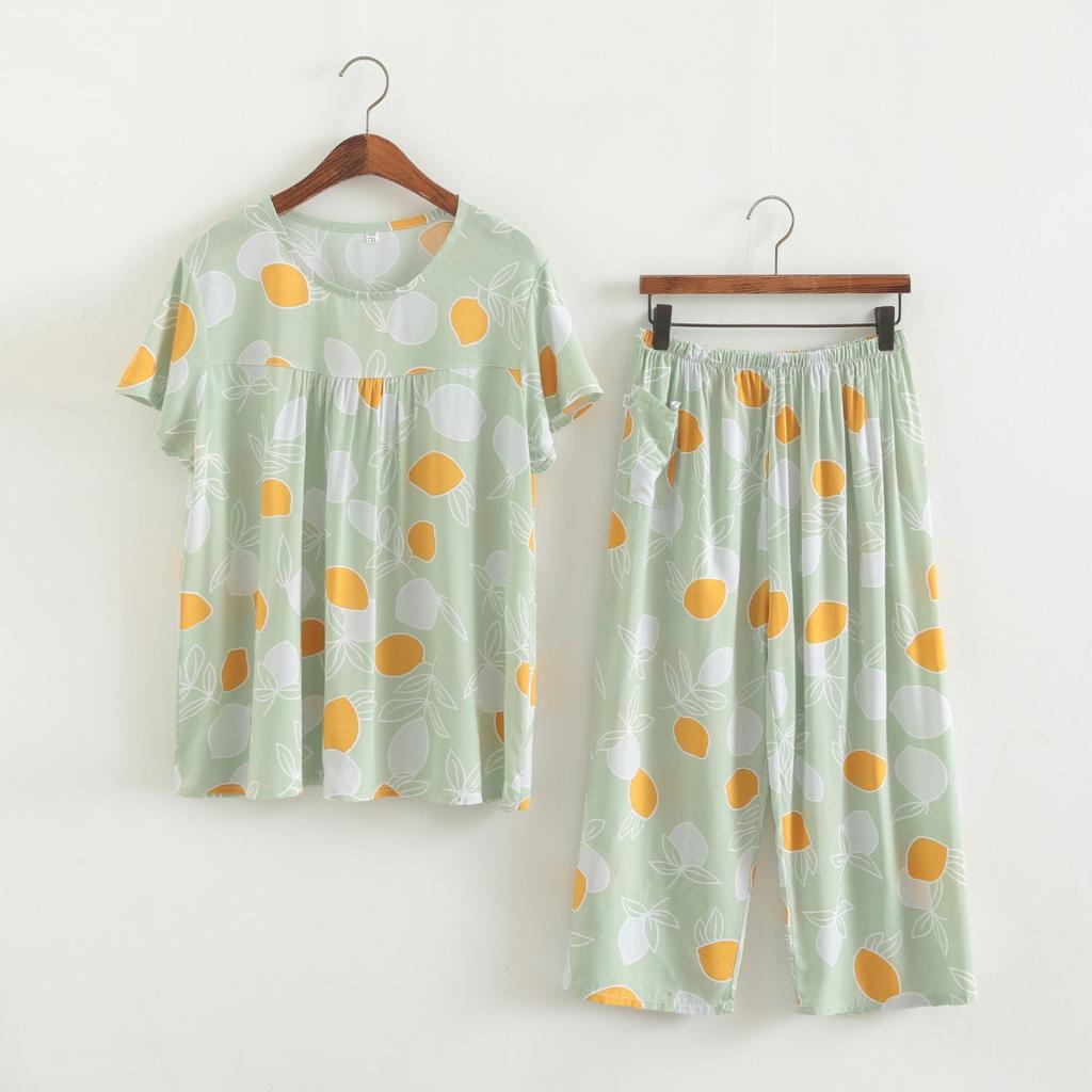 Baumwollseidenset Kurzarm-Caprihose für Damen mittleren Alters und ältere Frauen im Sommer, dünnes Oberteil, cooles Zuhause