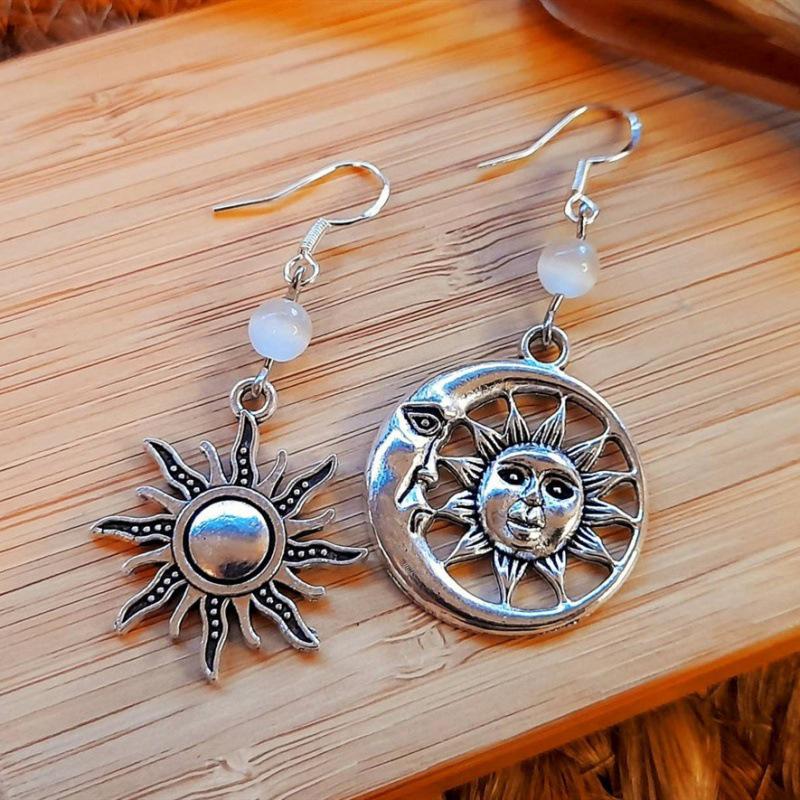Asymmetrical Moonstone Sunflower & Sun Moon Face Earrings