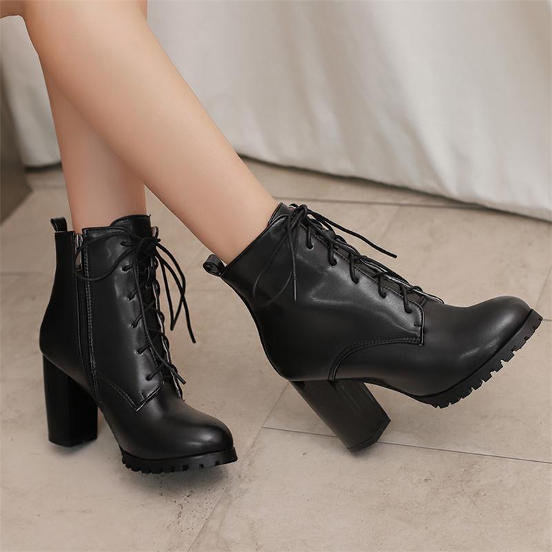 ANNYMOLI Women Ankle Boots Pointed Toe Block High Heels Lace-up Zipper Short Boots Ladies Fashion Shoes Autumn Winter 46