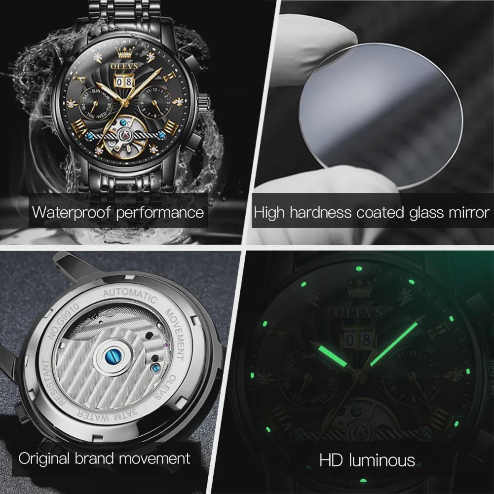 OLEVS Luxury Gold Tourbillon Mechanical Watch for Men Stainless Steel Waterproof Luminous Date Business Mens Watches