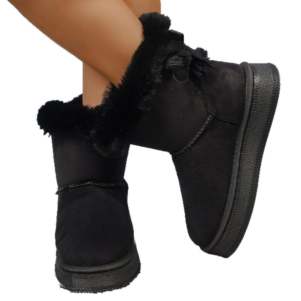 Foreign Trade 2025 New Wool Bow Decorative Casual Women's Snow Boots Thick-soled Large-size Thermal Cotton Shoes