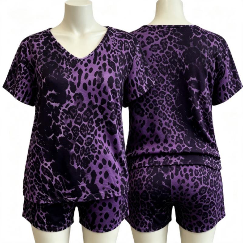 Summer European Streets Leopard Style Printed V-Neck Short Sleeved T-Shirt And Shorts Set Women's and Men's T-shirt Shorts Set