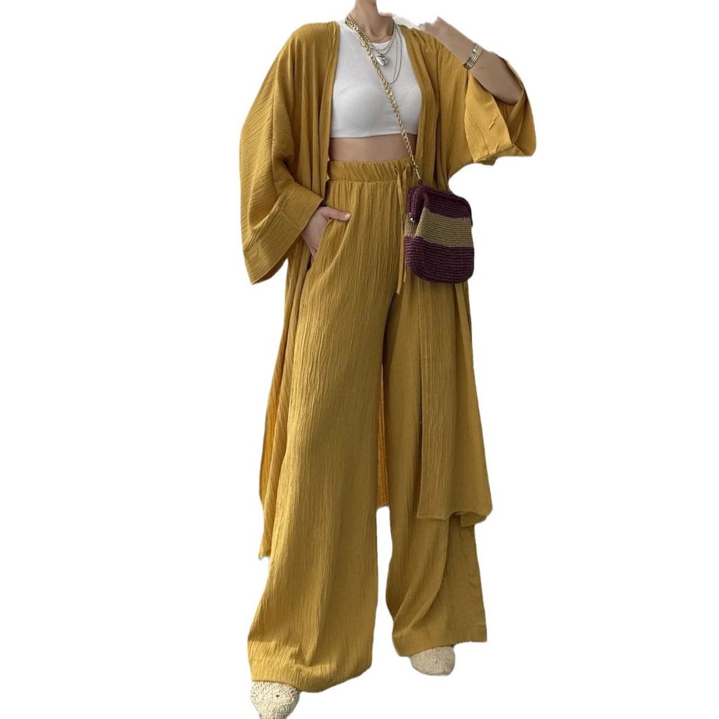 Damen Beige Longline Cardigan und Hose mit weitem Bein Set