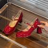 Mary Jane Shoes Spring New Round Head Shallow Mouth Metal Buckle A Line with Anti-slip Wear-resistant High Heels