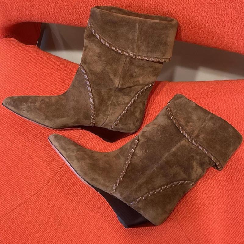 Sheepskin version~ niche wedge heel pointed flanged two wear pile boots short boots western cowboy boots women's medium boots