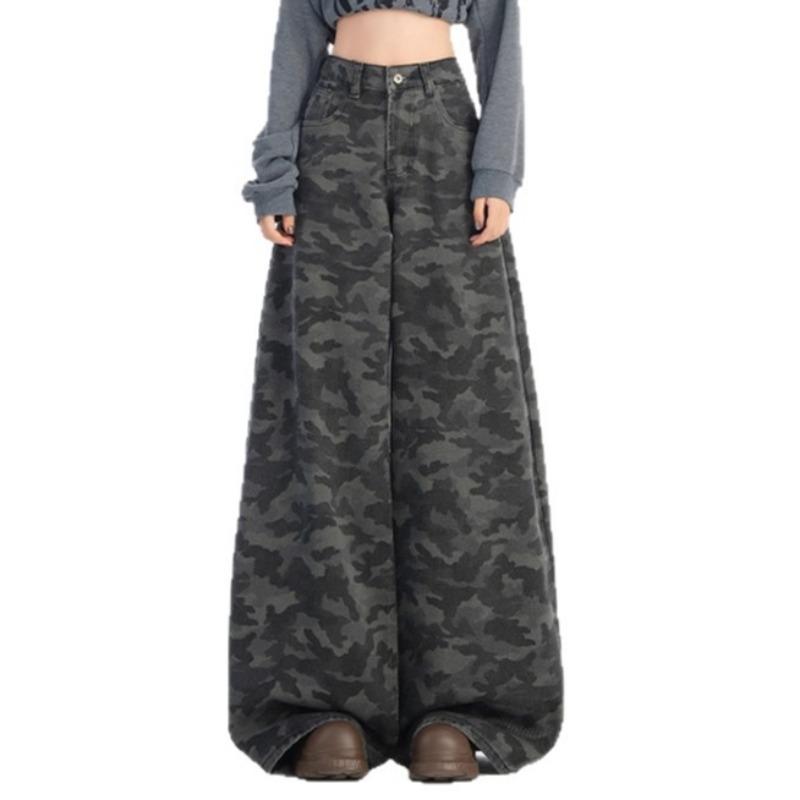 Retro Camouflage Tooling Jeans Autumn and Winter Straight Loose Drape Floor Trousers