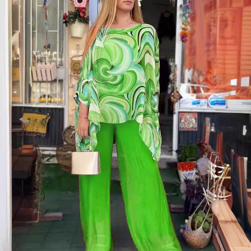 Set din Șifon cu Două Piese pentru Vara 2024: Gât rotund casual cu imprimeu pentru femei