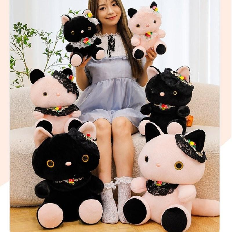 Adorable Black Lace Cat Plush Toy 8 Inch Soft Cuddly Pillow For Girlfriend Gifts