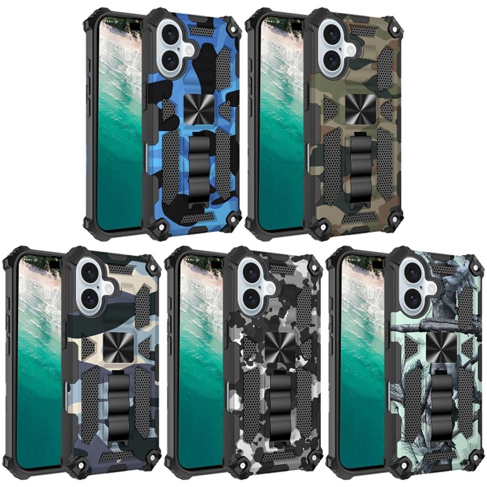 For iPhone 16 Case Kickstand Camouflage Anti-Drop TPU+PC Phone Cover