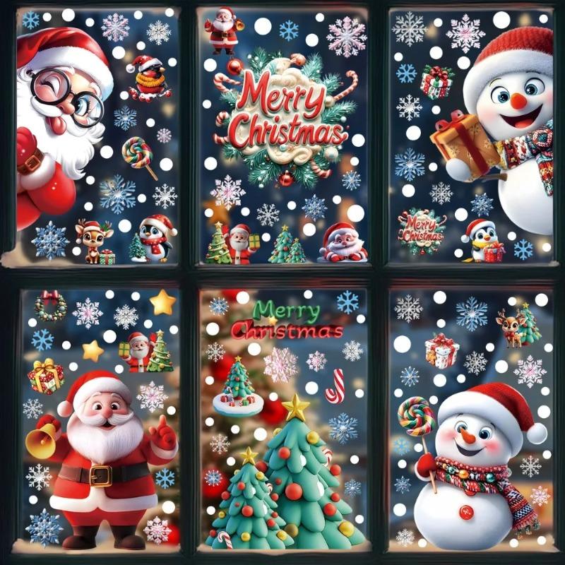 3D Christmas Window Stickers Electrostatic Cling with Santa Claus Snowman Snowflakes for Home Office Party Decor Reusable