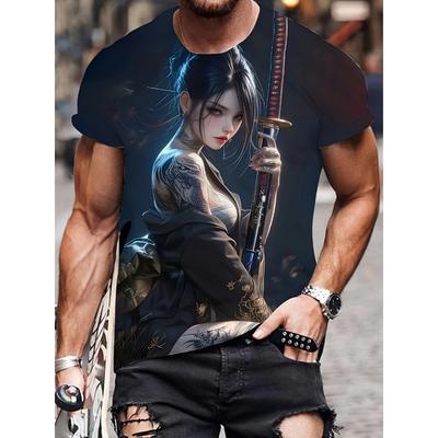 Men's 3D Printed T-shirt Japanese Folk Beautiful Women Hip-hop Style Breathable Light Crew Neck Top Unisex Casual Summer Style