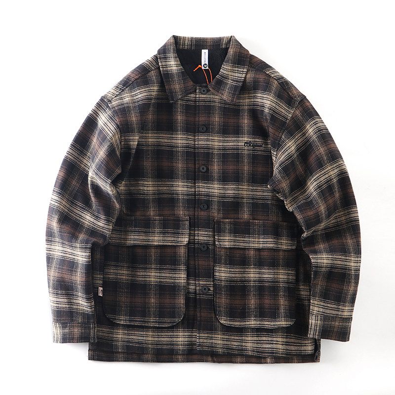 American vintage Cotton Plaid Shirts Men s Autumn and Winter Fleece-lined Thickened Inner wear Foreign Trade Cattle Goods Casual Shirt Outerwear Brown XL