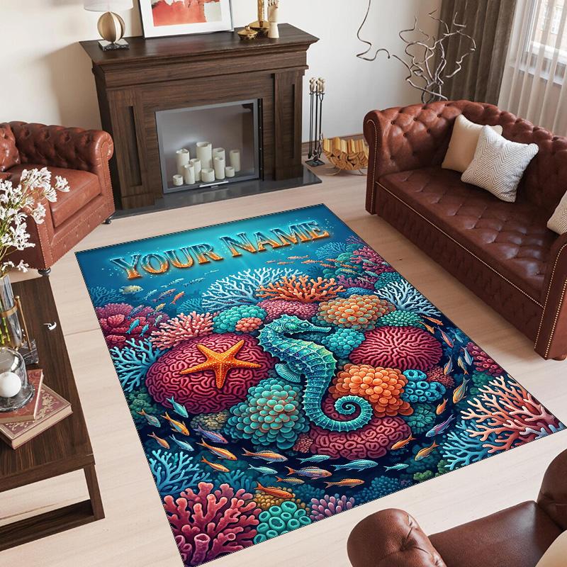 Mermaid Underwater Theme Crystal Velvet Rug Personalized Custom Name Text Soft Floor Mat Home Decor