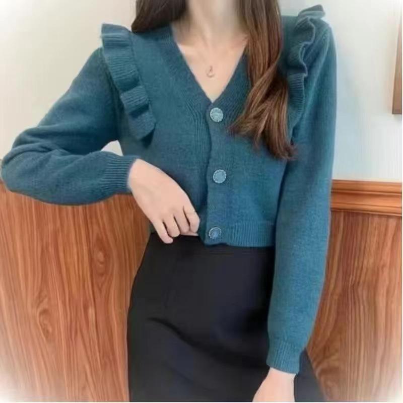 Autumn and Winter New Short Knitted Cardigan Sweater Women's Fashion Ruffle Edge Design Versatile V-neck Solid Color Thin Cardigan
