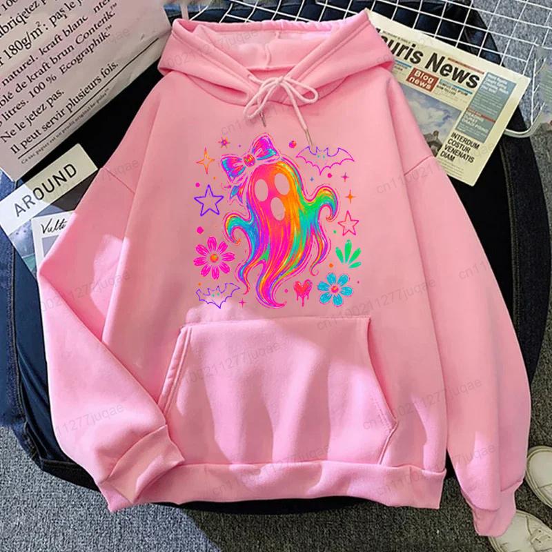 Rainbow Ghost Halloween Women Hoodie Y2k Style Sweatshirt Cute Bow Graphic Clothes Flower Bat Halloween Tracksuits Party Clothes