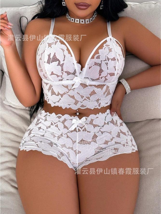 European and American sexy lace erotic underwear perspective temptation pajamas loungewear women's two-piece suit