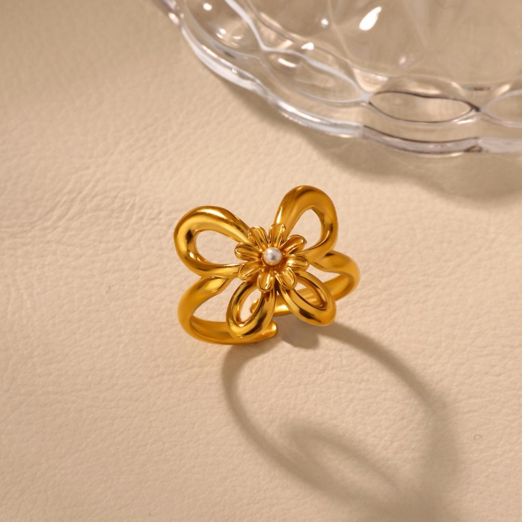 Elegant Pearl Flower Butterfly Rings For Women Stainless Steel Gold Color Wedding Ring Feamle Jewelry Accessories gifts