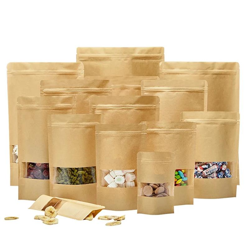 100pcs Kraft Paper Self-supporting Bag Window Visual Thick Food Self Sealing Bag Moisture-proof Snacks Candy Seal Storage Bag
