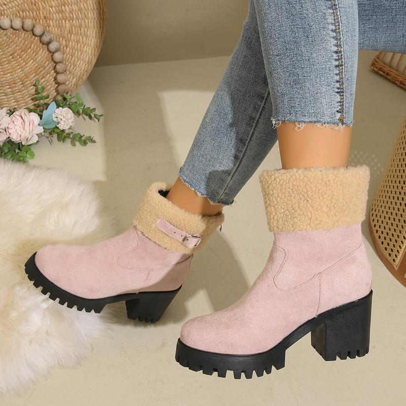 New Large-sized Women's Shoes with Belt Buckles, Thick Heels and Warm Flip-over Snow Boots