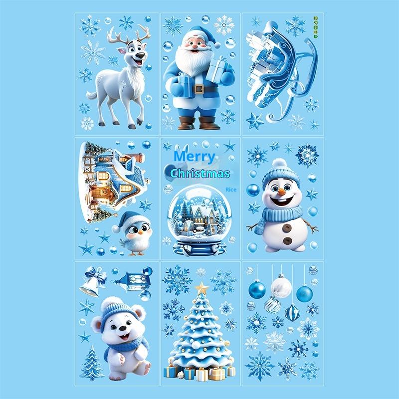 Blue Santa Claus Christmas Window Stickers Cute Reindeer Gingerbread Man Wall Sticker Home Decoration Decal Noel Kerst Navidad