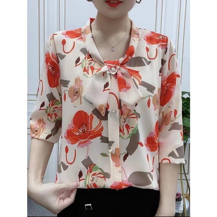 Cămașă de șifon cu mâneci trei sferturi și panglică pentru femei, ținută de vară pentru mamă, cămașă largă și subțire