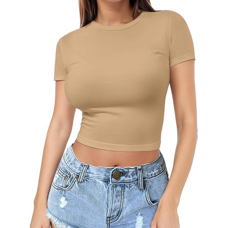 European & American Style Crop Top: Women's Summer Fashion Milk Silk T-Shirt, Short Sleeve, Round Neck.