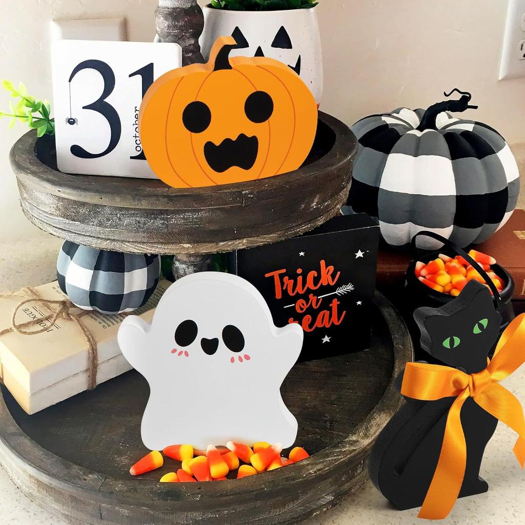 New, Cute Ghost Halloween Decoration Wooden Layered Tray Decoration Table Decoration 3-piece Set