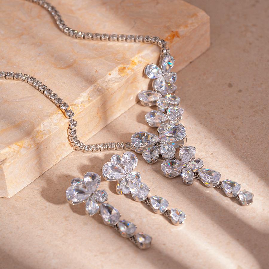 Elegant Zircon Butterfly Flower Silver Drop Earrings - High-End European and American Style for Women