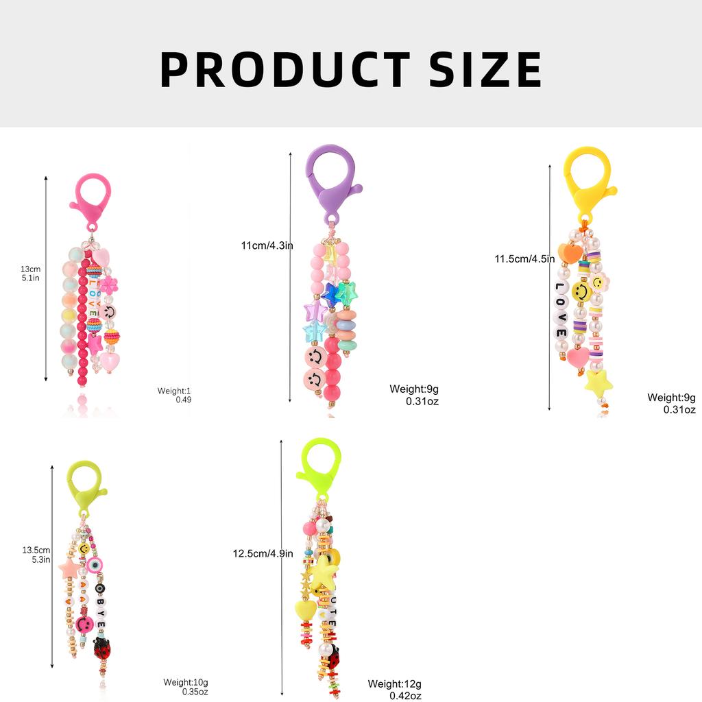 Colorful Bead Keychain Charm for Kids and Students School Bag Pendant Smiling Face and LOVE Letter Beaded Keychain