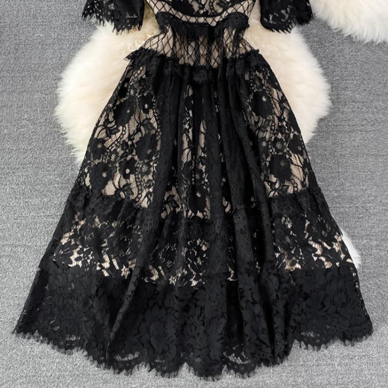 French Sweet Style Y2K Long Dresse Women Vintage Flower Hollow Out Solid Dresses Party Lace High Waist Spring Summer Casual New Clothing