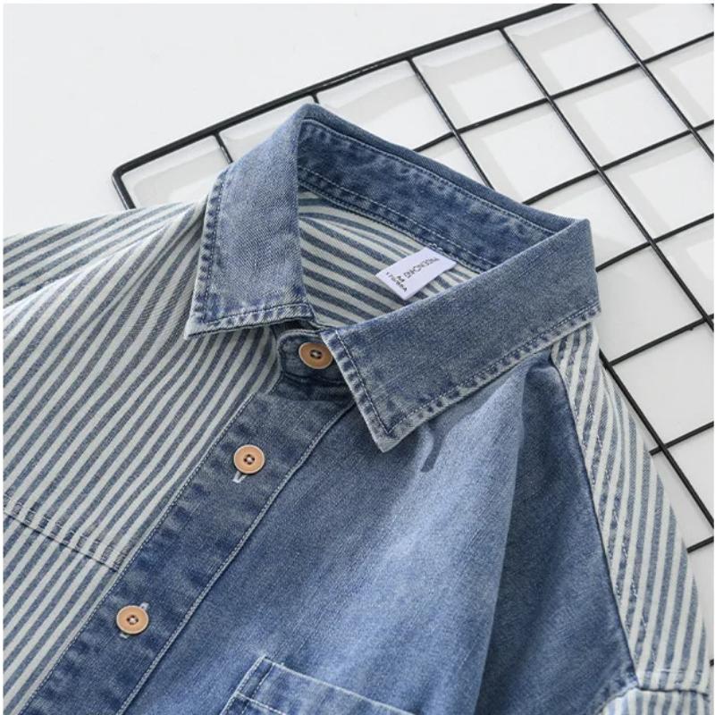 Cămăși Denim la Modă Nouă pentru Bărbați Primăvară/Toamnă Streetwear Cămașă Jean cu Mânecă Lungă Slim fit Casual Topuri Bărbați Cusături cu Dungi Cămașă Overshirt pentru Tineret