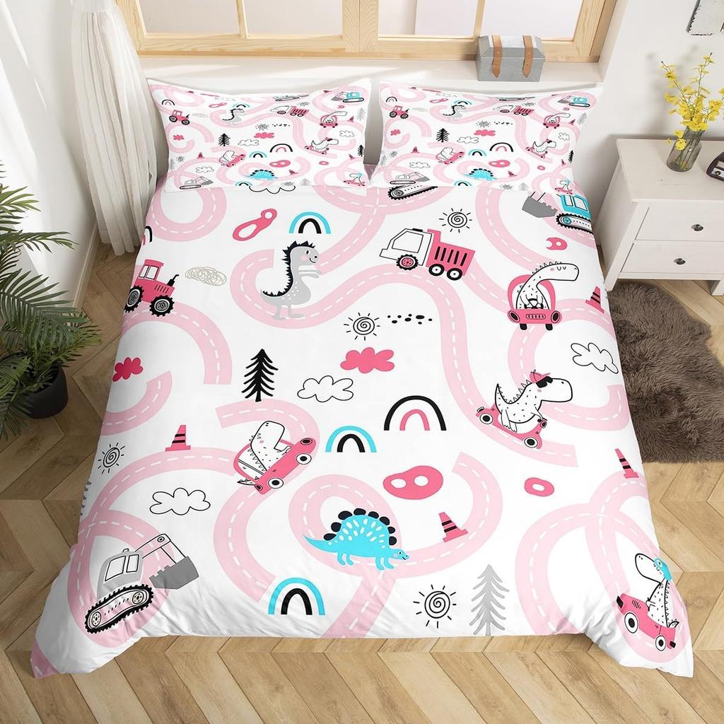 Comforter Cartoon Truck Twin City Landscape Bedding Set Hand Drawn Cartoon Vehicles City Map Railway Train Comforter