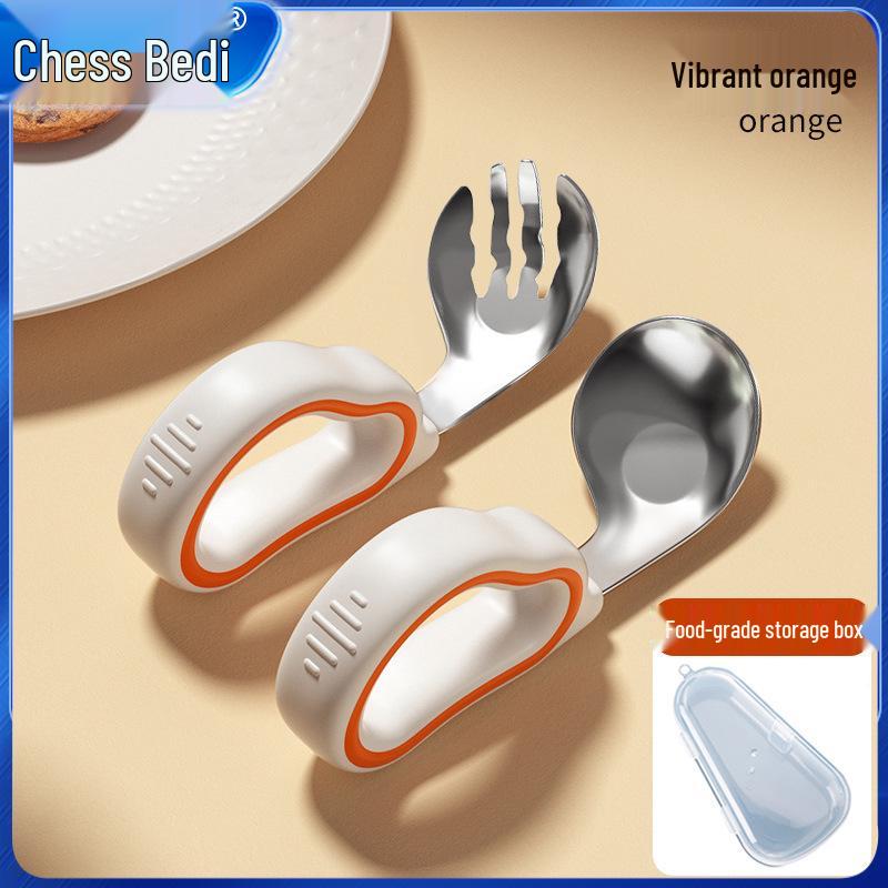 Infant Training Silicone Spoon & Fork Set - Stainless Steel, Short Handle, Bent Head for Learning To Eat