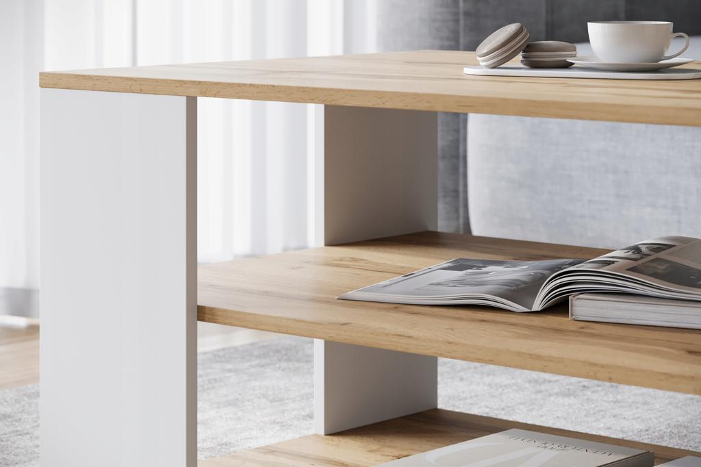 Modern Simple Rectangular Coffee Table with Shelves 100cm Wotan Oak White