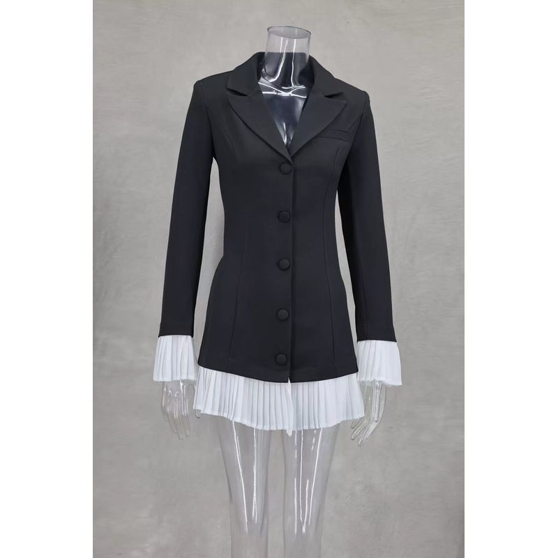 

Fashion Style Waist-Tight Black and White Contrast Color Pleated Elegant Dress Suit Collar Patchwork Dress Black L