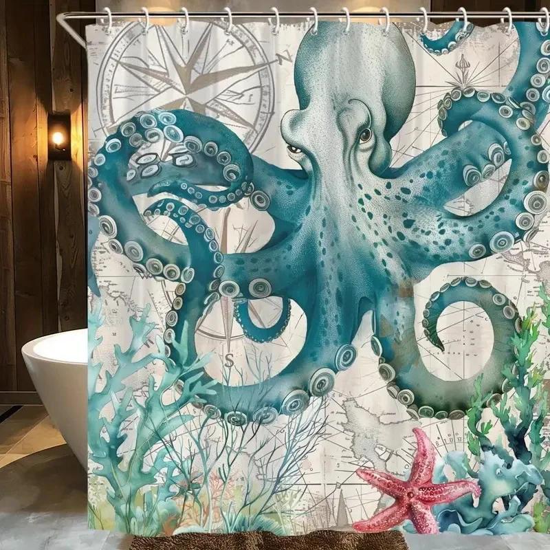Vintage Nautical Octopus Waterproof Shower Curtain Navy Blue Mermaid Fun Ocean Sea Monster Bath Shower Curtain Anchorage Map