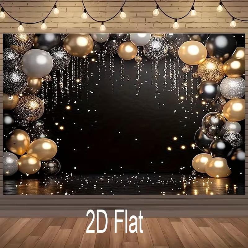 2D Black Gold Balloon Glitter Backdrop for New Year Birthday Prom Party Decor